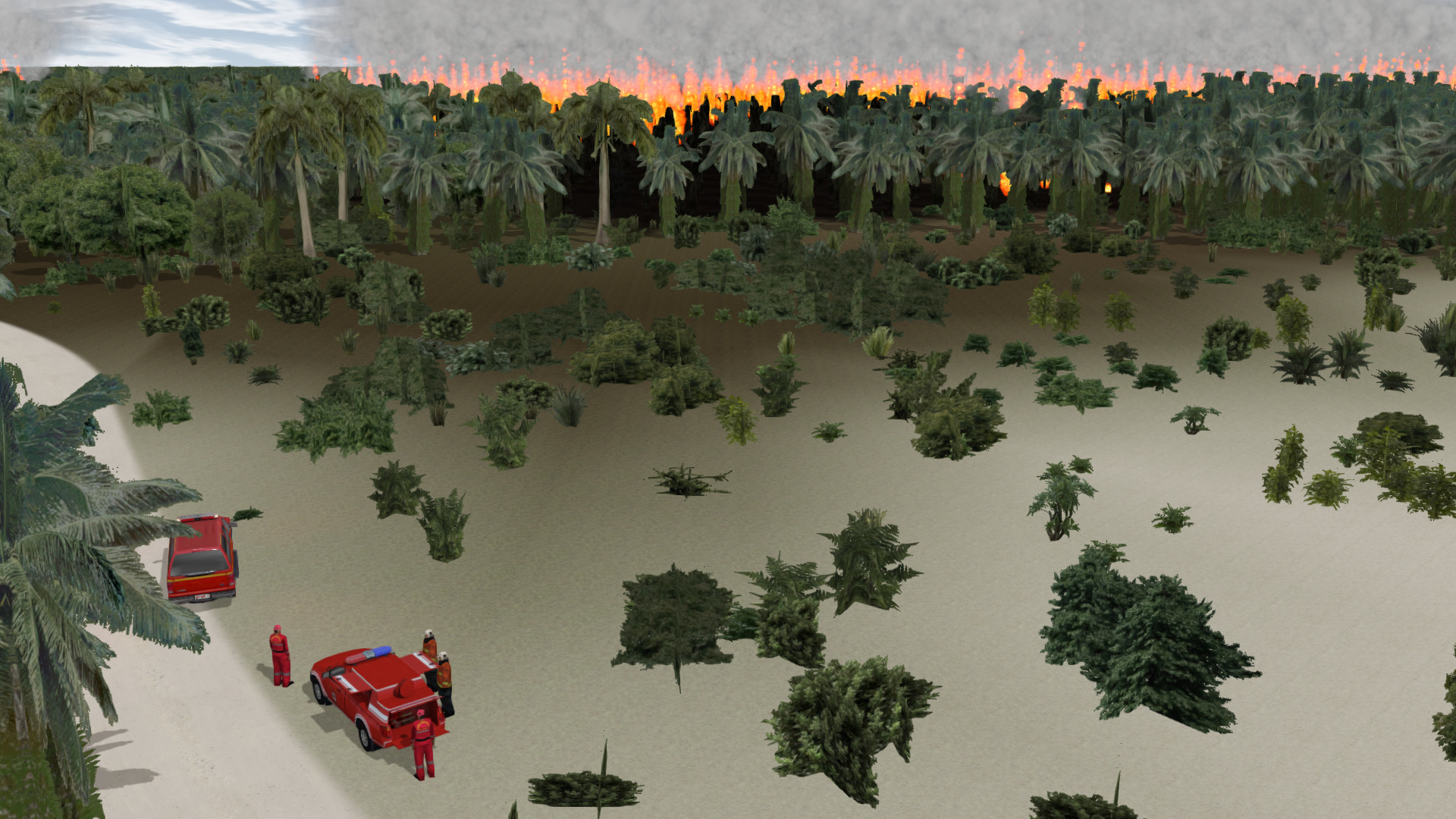 Aerial view of the virtual flooded environment, pilots inside the simulator communicate and operate in rescue operations.